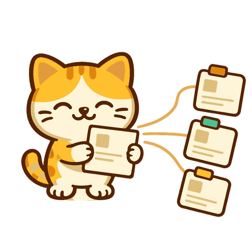 1枚の入力用紙から3枚の出品カードに枝分かれし、猫がほっとしている