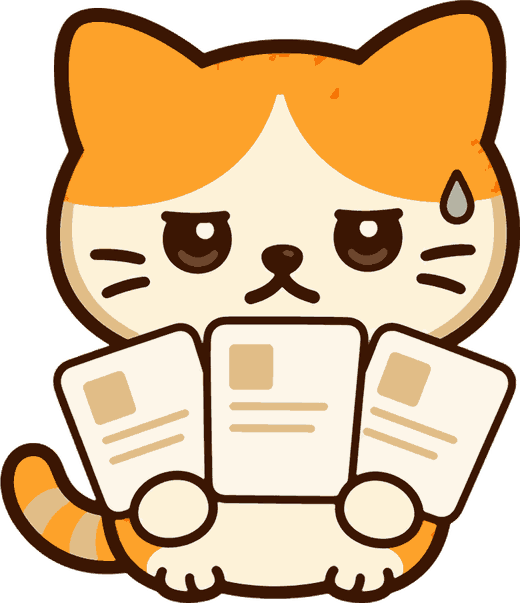 同じ内容の入力用紙を3枚かかえて、うんざりしている猫