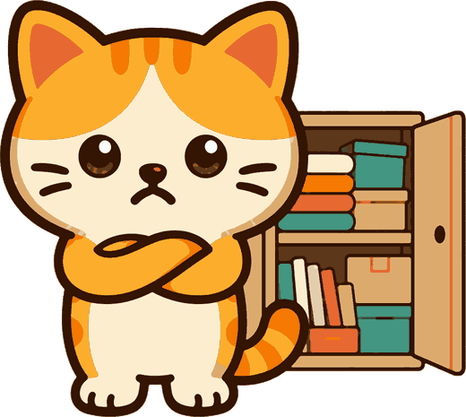ものが詰まった押し入れの前で腕を組んで困っている猫